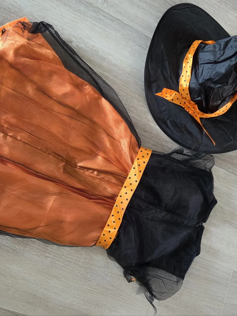 Girls Size 5/6 Halloween Costume Witch Orange Black Tulle Dress Hat Modest